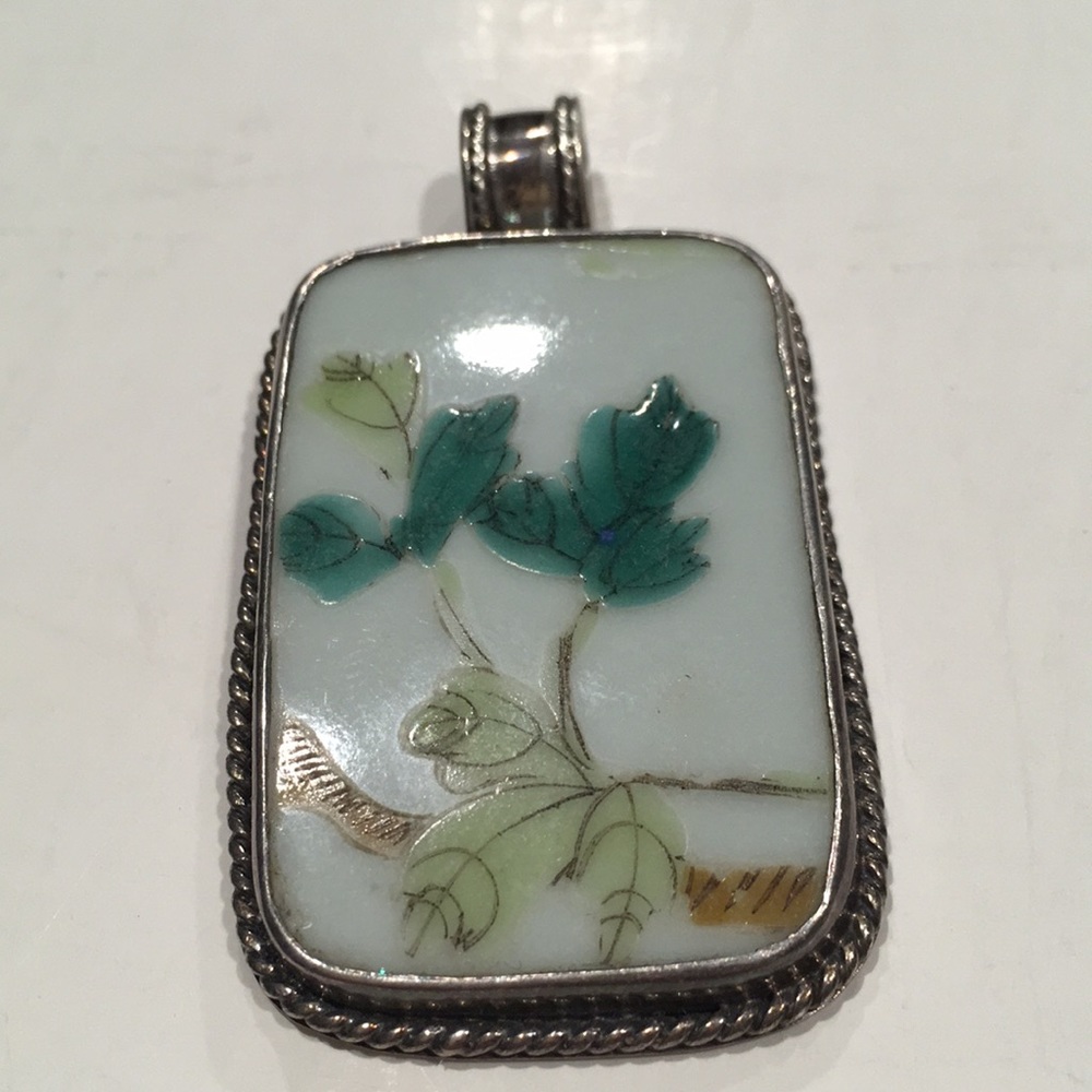 Chinese porcelain pendant large solid silver